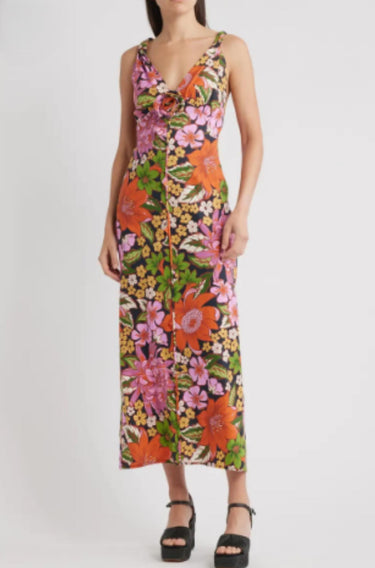 FLORAL BLACK VIVI ROSE PIPPING MIDI DRESS-Dresses-Farm Rio-Debs Boutique